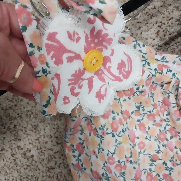 3527 Size XL Handmace Jumpsuit In Gold and Pink with Appliqued Flowers. - Picture 3 of 4